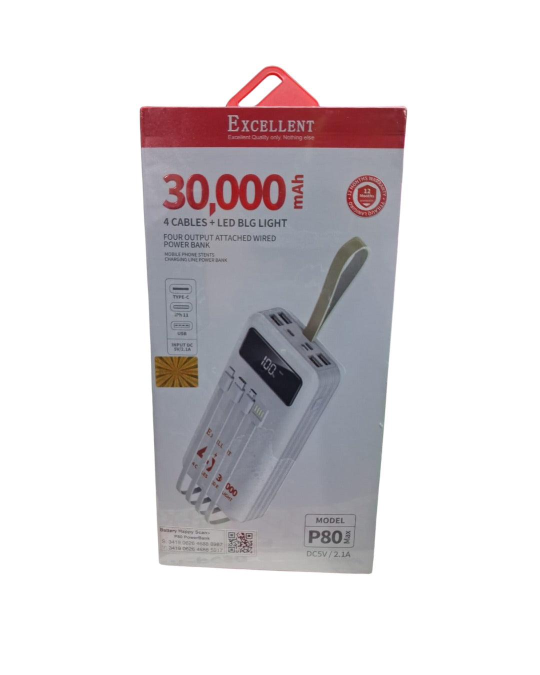 Excellent P80 30,000mAh Power Bank | 4 Inbuilt Cables & LED Light