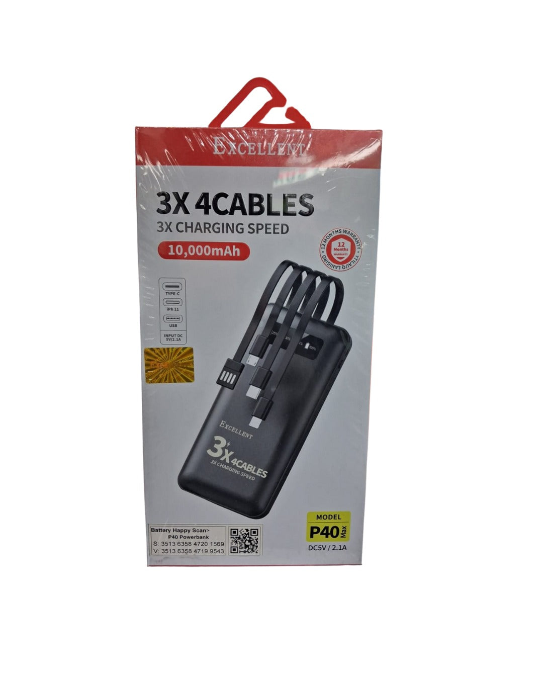 Excellent 3x Fast Charging 10,000mAh Power Bank with 4 Built-in Cables